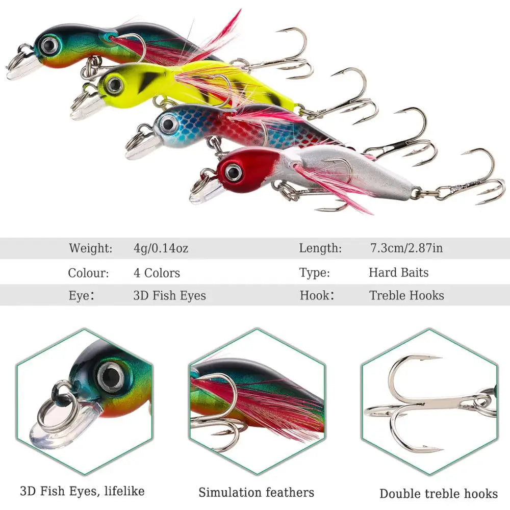 4-Pack Wobbler Fishing Lures – Hard Baits with Anti-Corrosion Treble Hooks for Bass & Carp (Saltwater & Freshwater)