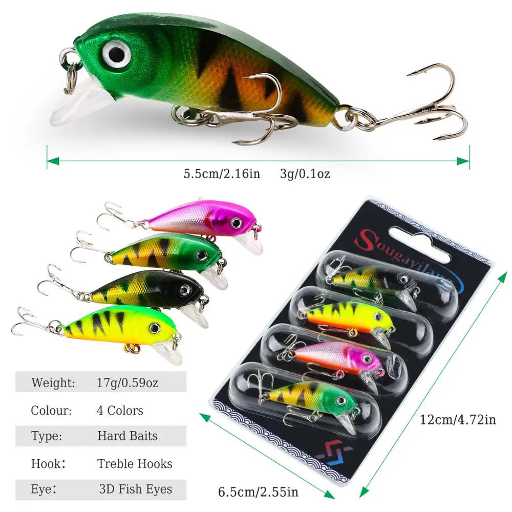 4-Pack Wobbler Fishing Lures – Hard Baits with Anti-Corrosion Treble Hooks for Bass & Carp (Saltwater & Freshwater)
